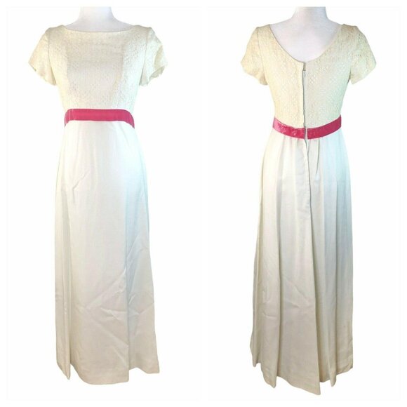 Vintage White Lace Maxi Dress Pink Velvet Waist Cap Sleeves Elegant Formal Wear - Picture 1 of 12